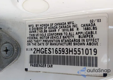 2003 Honda Civic Lx z USA, uszkodzony, nr VIN 2HGES16593H551019